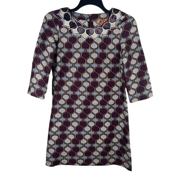 Tory Burch Silk Shift Mini Dress Women's 4 Retro 60s Style 3/4 Sleeve Beaded NWT - Picture 1 of 11